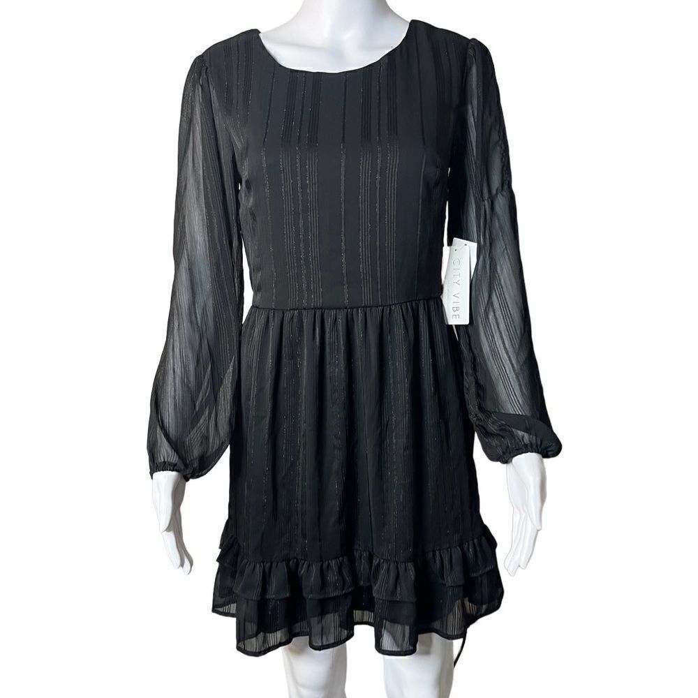 City Vibe Long Sleeve Striped Mini Dress Black Size XS